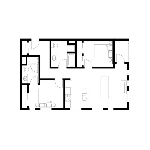 Floor plan for 2 beds, 2 baths, 991 sqft